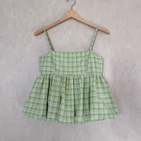 NWT Another Girl Women’s Gingham Bubble Hem Peplum Tank Top Sleeveless Green S - Picture 3 of 13